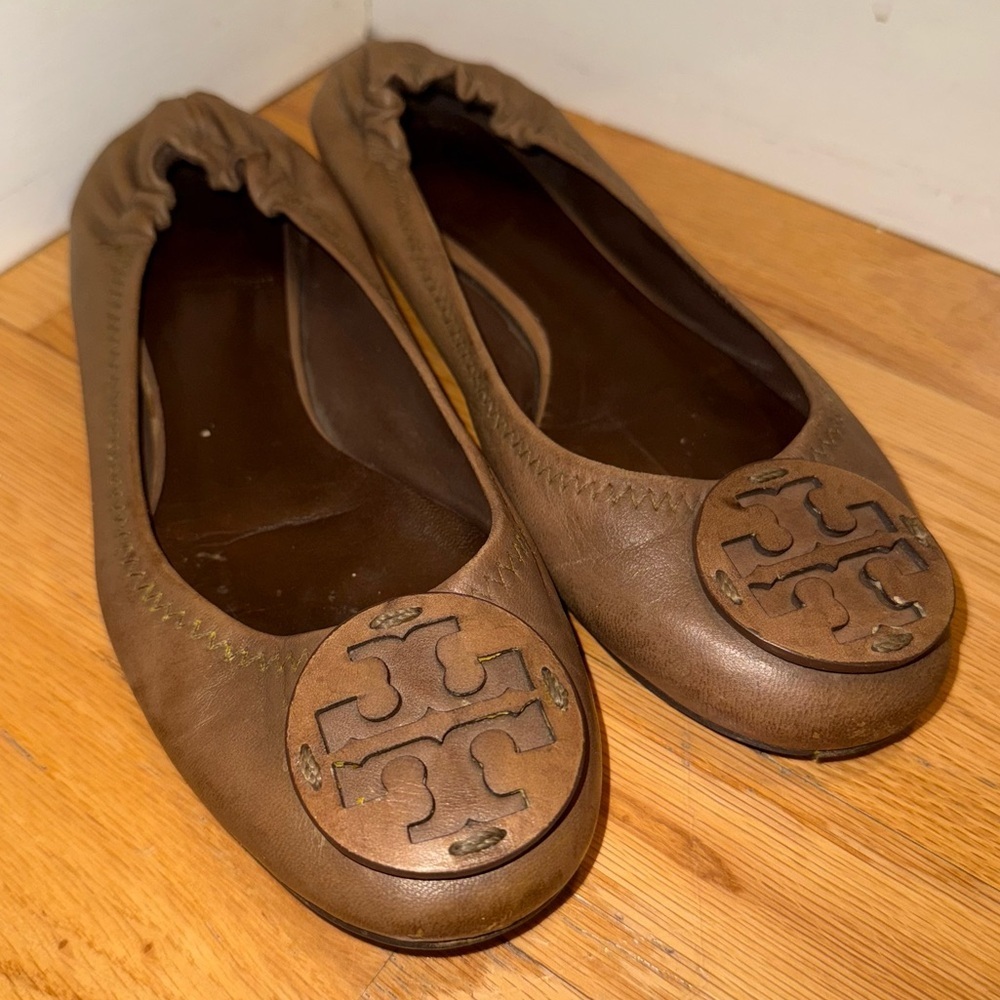 TORY BURCH Minnie Ballet Flats Medallion Leather Brown size 7